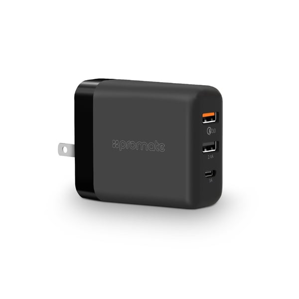 Promate 30W USB Type-C Charger with 3A USB-C Port, QC 3.0 USB Port and 2.4A USB Port, PowerHub-QC.UNI Promate 30W USB Type-C Charger with 3A USB-C Port, QC 3.0 USB Port and 2.4A USB Port, PowerHub-QC.UNI