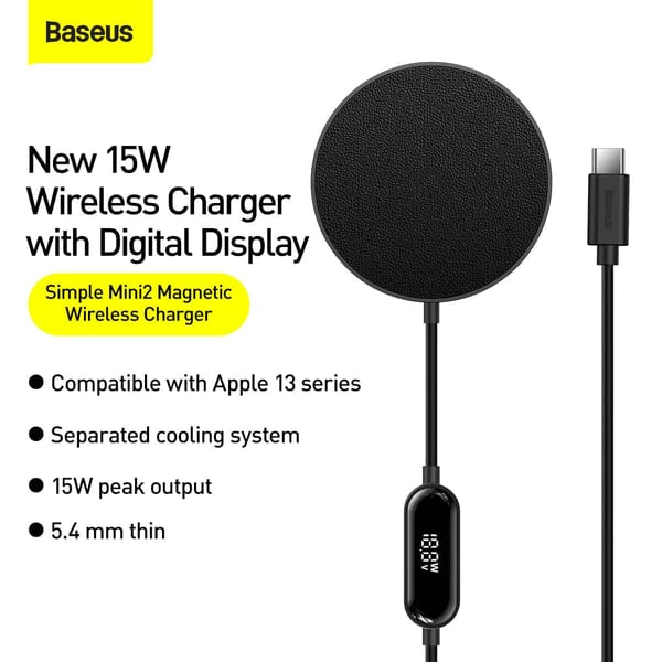 BASEUS Simple Mini2 Magnetic Wireless Charger 15W Fast Charging Pad for iPhone 12/13 Series - Black