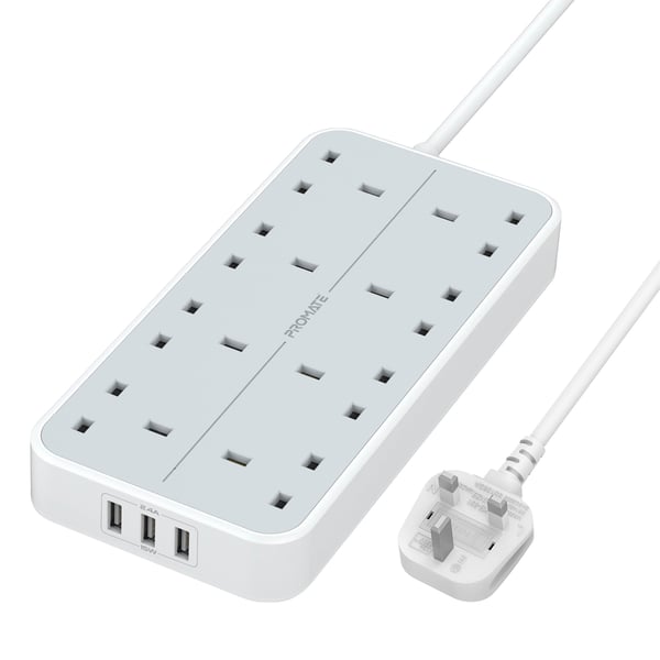 Promate Power Strip With 3250w 8 Ac Outlets, 3 Usb Intellicharge Ports And 2m Cord, Powercord8uk-2m