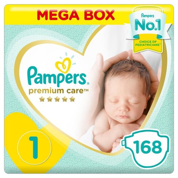 Pampers Premium Care Diapers Size 1 Newborn 2-5 kg Mega Box 168 Count