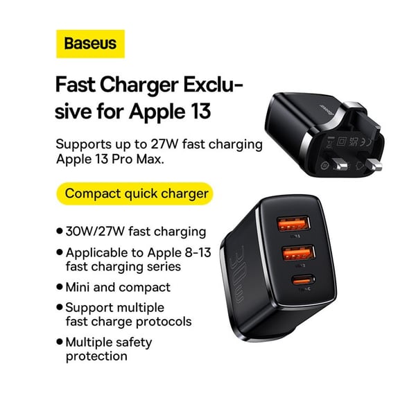 Baseus Compact Fast Charger 2USB+Type-C 30W Multi-Port Wall Charger Adapter Black Baseus Compact Fast Charger 2USB+Type-C 30W Multi-Port Wall Charger Adapter Black