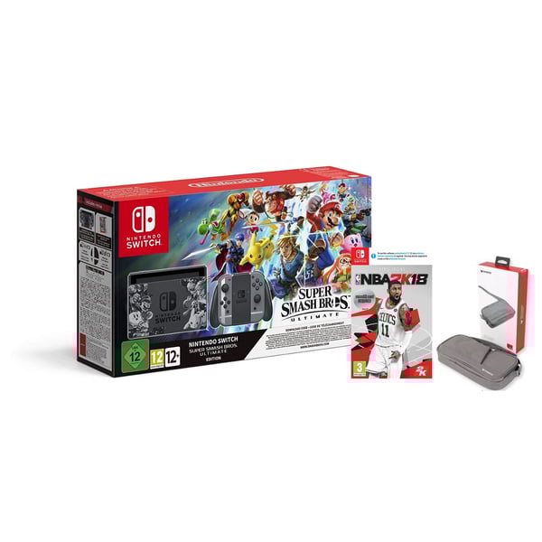 Nintendo Switch Console Super Smash Bros Ultimate Console W/Grey JoyCon + NBA 2K18 Game + Accessory