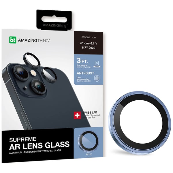 Amazing Thing iPhone 14 and iPhone 14 PLUS Camera Lens Protector Supreme Tempered Glass Aluminum AR Lens Defender - Blue Amazing Thing iPhone 14 and iPhone 14 PLUS Camera Lens Protector Supreme Tempered Glass Aluminum AR Lens Defender - Blue