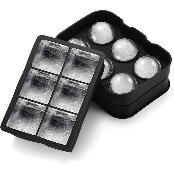 Omorc Sphere Ice Ball Maker 2-pack Ice Cube Trays Lid & Large Square Molds - Reusable, Black