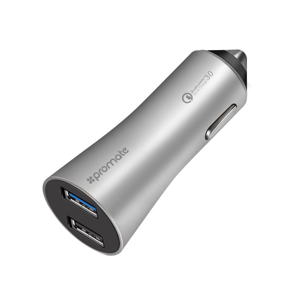 Promate Car Charger with Qualcomm Quick Charge 3.0 Dual USB Port, Robust-QC3 Silver