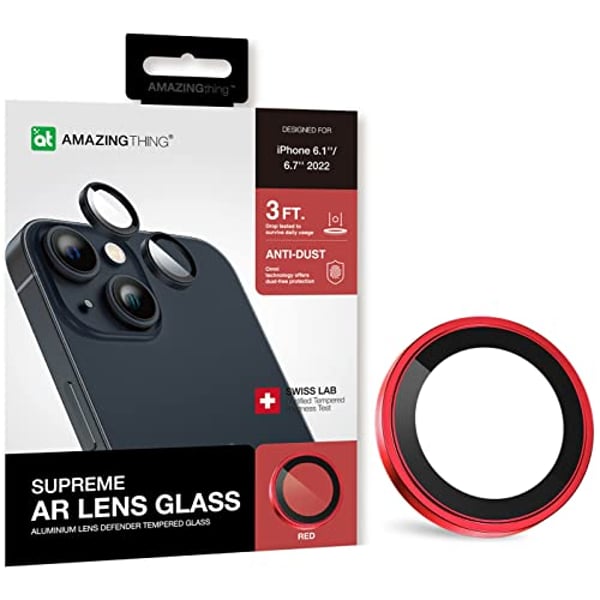 Amazing Thing iPhone 14 and iPhone 14 PLUS Camera Lens Protector Supreme Tempered Glass Aluminum AR Lens Defender - Red