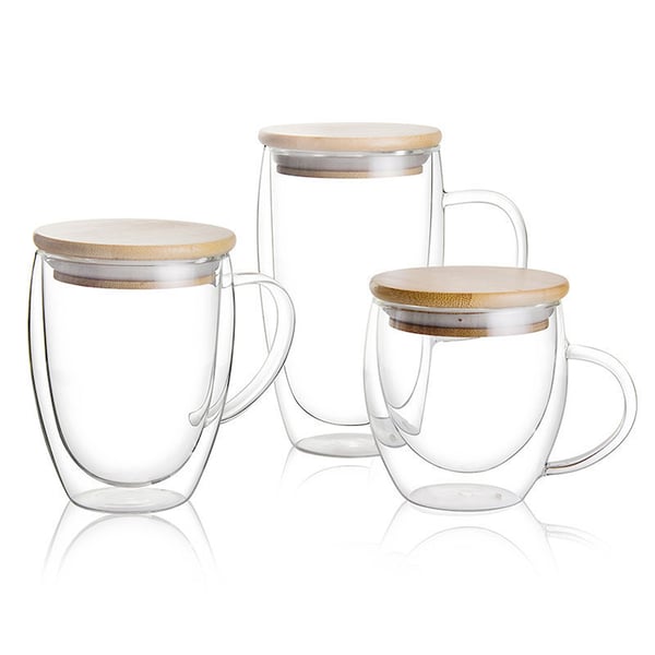 Set of 2 350ml Double Walled Coffee Tea Glasses Mugs With Handles