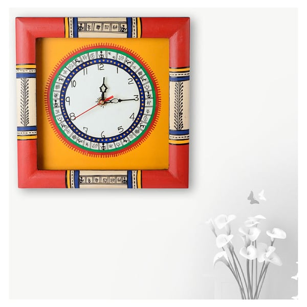 Moorni Warli Hand painted Clock 10x10inch Yellow EL-001-004