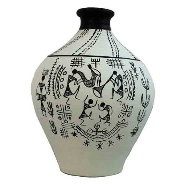 Moorni Terracotta Handpainted Warli Vase Matki Neck White 6 Inch
