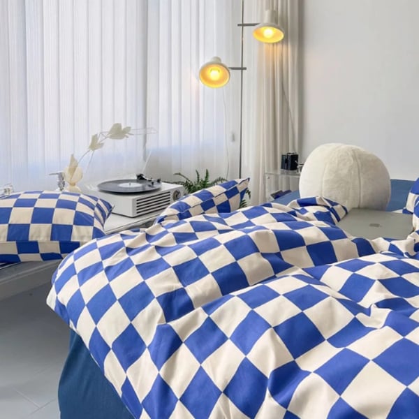 Luna Home Single Size 4 Pieces Bedding Set Without Filler, Blue And White Checkered Design