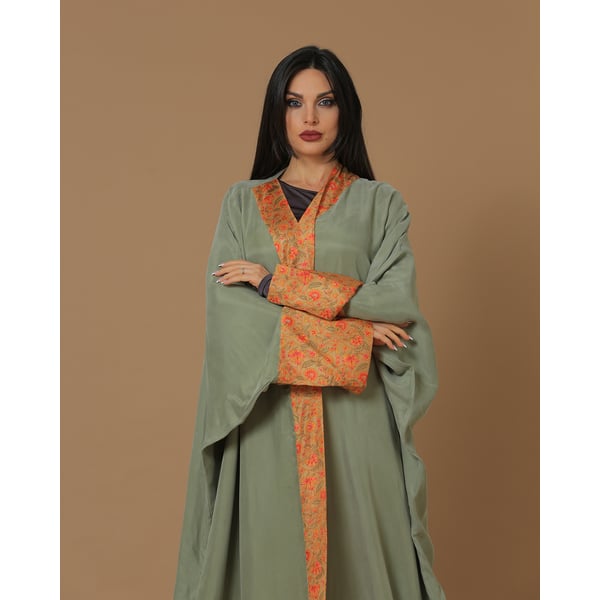 Washed Silk Camo Green Printed Bordered Abaya Washed Silk Camo Green Printed Bordered Abaya