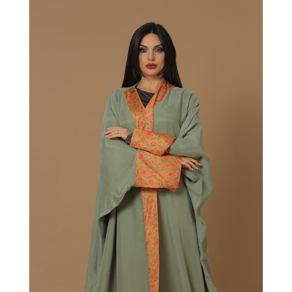 Washed Silk Camo Green Printed Bordered Abaya