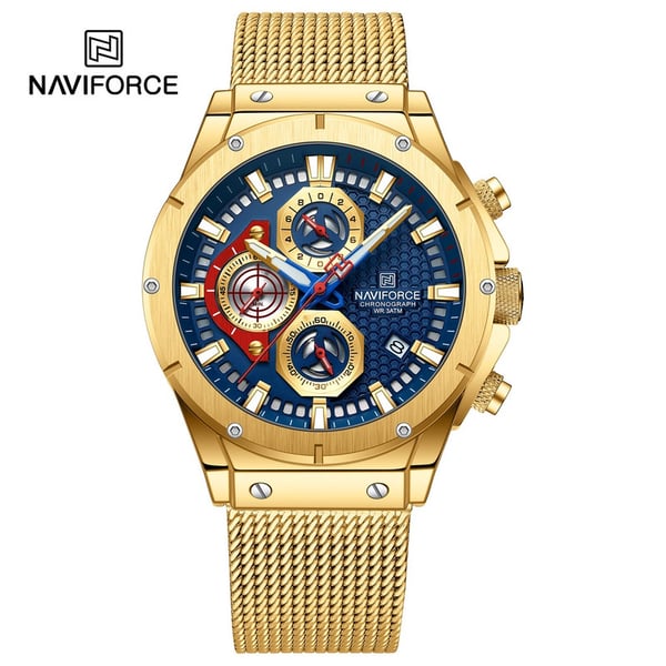 Naviforce NF8027S-GLD/BLU-Mesh Stainless Steel Chronograph Edition