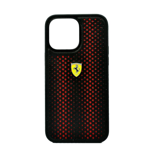Ferrari Pu Leather Perforated Case With Nylon Base & Yellow Shield Logo For Iphone 14 Pro Max Red