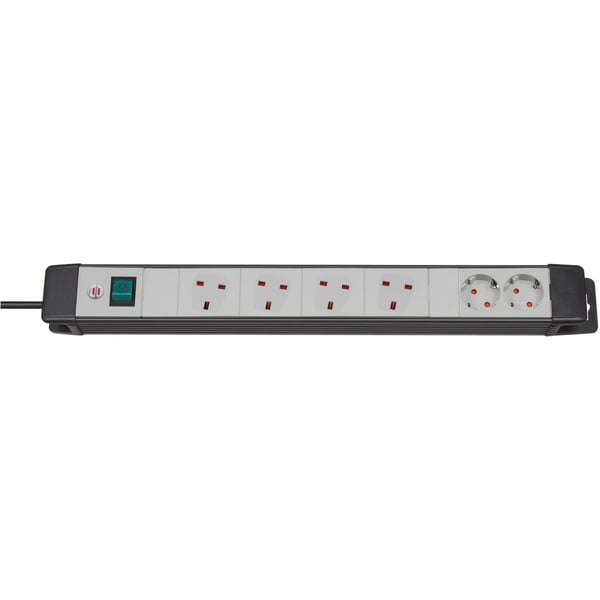 Brennenstuhl Premium-Line Technics, 6-way extension lead (2x earthed sockets and 4x BS sockets, switch and 3m cable - 45 angle of sockets) colour: black / light grey Brennenstuhl Premium-Line Technics, 6-way extension lead (2x earthed sockets and 4x BS sockets, switch and 3m cable - 45 angle of sockets) colour: black / light grey