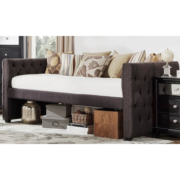 Tufted Nailhead Chesterfield Daybed and Trundle Day Bed With Trundle Dark Grey