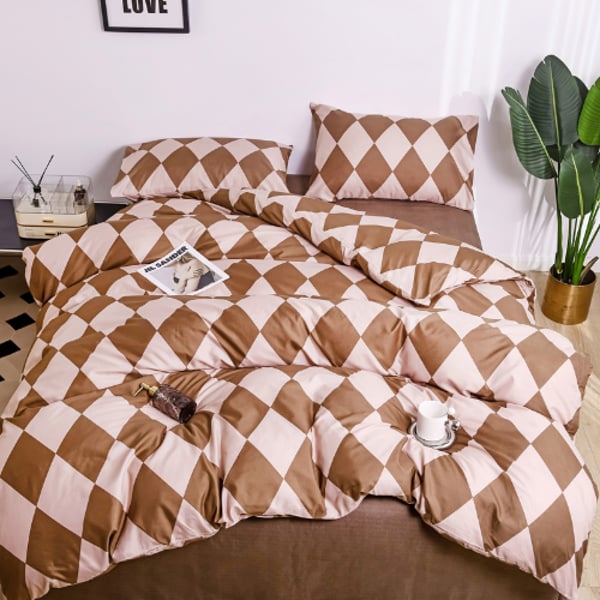 Luna Home Single Size 4 Pieces Bedding Set Without Filler, Rhombs Design Brown Color Luna Home Single Size 4 Pieces Bedding Set Without Filler, Rhombs Design Brown Color