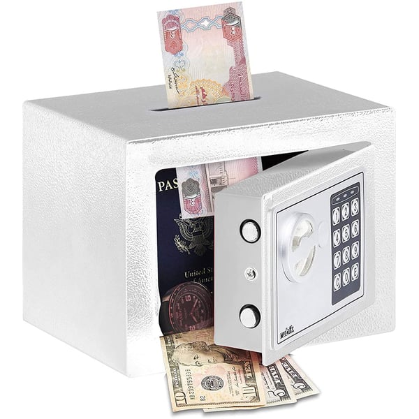 Rubik Mini Cash Deposit Drop Slot Safe Box with Key and Pin Code Lock (23x17x17cm) White