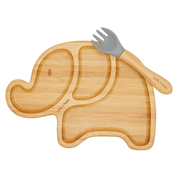 Milk It Baby, MI-BAMEBB001 Bamboo Elephant Suction Plate & Fork Set, Berry Blue Milk It Baby, MI-BAMEBB001 Bamboo Elephant Suction Plate & Fork Set, Berry Blue