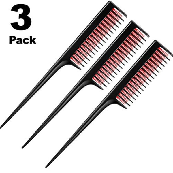 Leinuosen 3 Piece Triple Teasing Comb, Rat Tail Combs for Women, Tool Structure Tease Layers Rattail Comb, Rat Tail Comb for Back Combing Root Teasing, Adding Volume, Evening Styling (Black and Red)