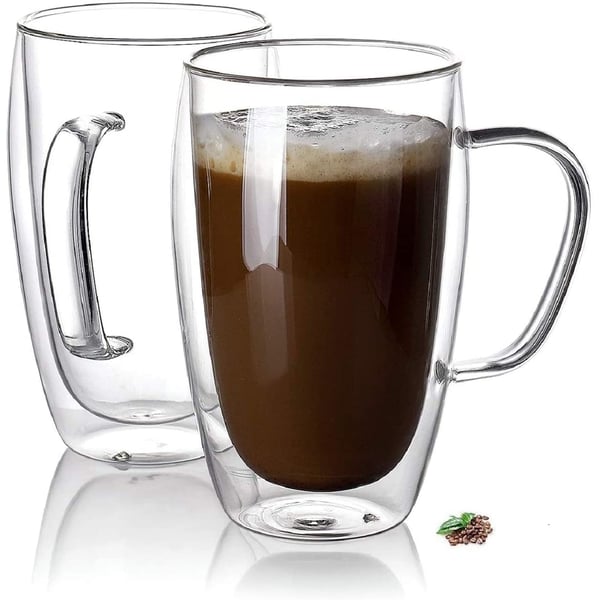 Double Wall Glass Insulated Cappuccino Coffee Mugs Cups W/ Handle