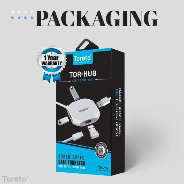 Toreto 4 Port USB 3.0 Hub Super Speed Portable Mini Hub With All Type-C Laptops TOR-755 TOR USB Hub (White)