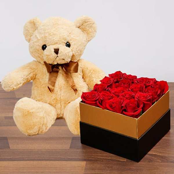 Idyllic Red Roses & Teddy Bear