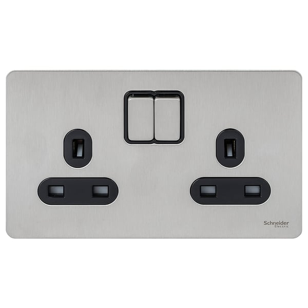 Schneider Electric Ultimate Screwless Flat Plate - Double Switched Power Socket, 13a, Gu3420bss, Stainless Steel With Black Insert