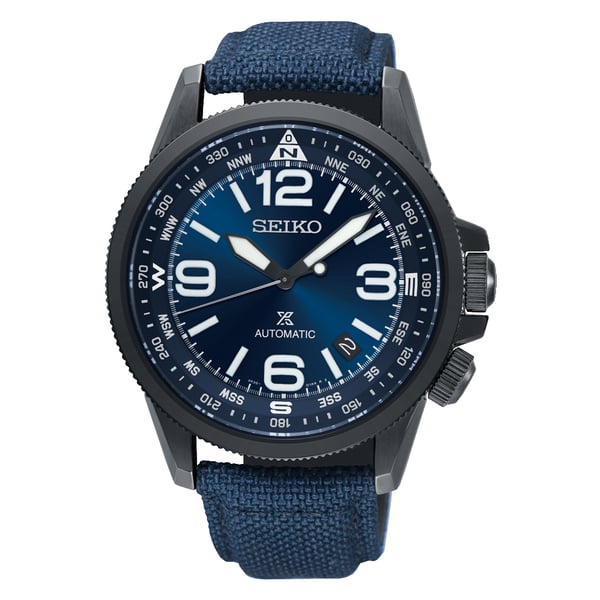 seiko men's prospex automatic diver silvertone watch with blue bezel