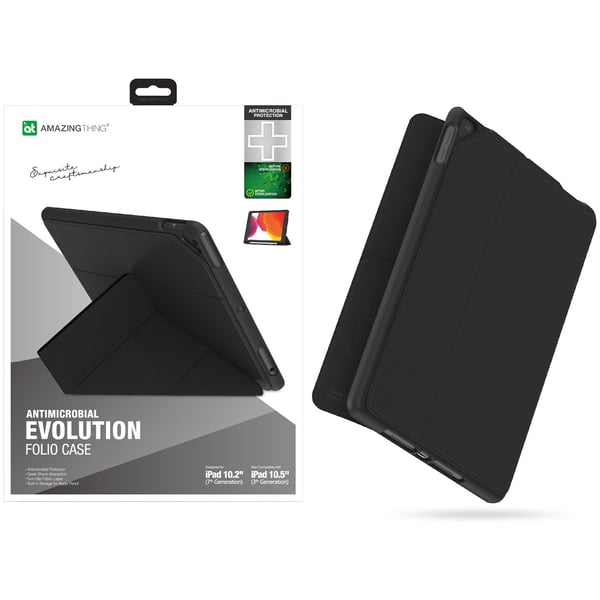 Amazing Thing Antimicrobial Evolution Folio Smart Cover Designed For Apple Ipad 10.2 Inch Case/ipad 10.5 Inch Cover With Apple Pencil Storage - Auto Sleep And Wake Function - Black
