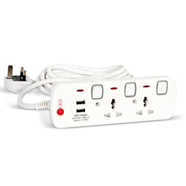 Afra Japan Universal Extension Cord 2 Way 2usb 2m, 2 Universal Socket & 2 Usb Ports 3 Meter Cable