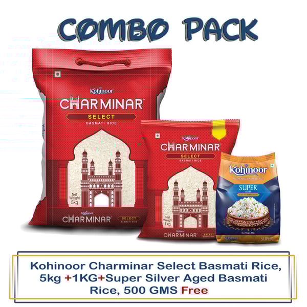 Kohinoor Charminar Select Basmati Rice, 5kg +1KG+Super Silver Aged Basmati Rice, 500 GMS Free Kohinoor Charminar Select Basmati Rice, 5kg +1KG+Super Silver Aged Basmati Rice, 500 GMS Free