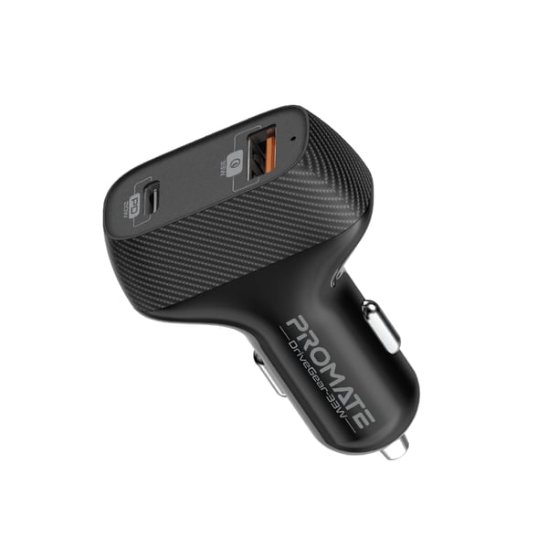 Promate 33W USB-C Car Charger with 20W USB Type-C PD and Qualcomm QC 3.0 USB Port, DriveGear-33W