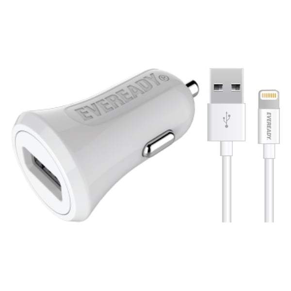 Eveready Car Charger With Lightning Cable 1m White - 1BELI3