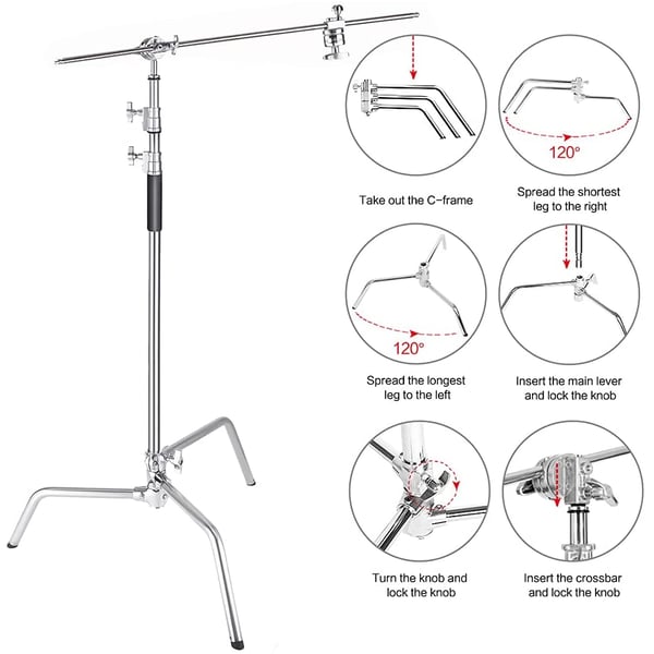 Coopic C Stand Stainless Steel 336cm/10.8ft Max. Height Studio Photo Video 4 Feet Holding Arm Grip With Turtle Base For Light Reflector (3pack Cstand)