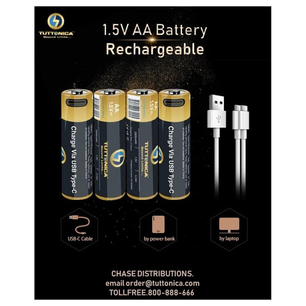 Tuttonica pack of 4 AA Rechargeable battery 1.5v through the type-c cable with 2400mWh battery capacity up tp 1200 times can recharge