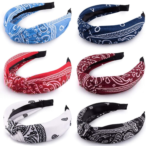 Duufin 6 Pieces Top Knot Headband Paisley Boho Headbands Vintage Cross Knotted Twisted Head Band Wide Hairband For Women And Girls