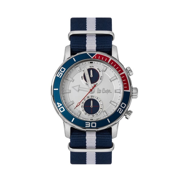 Lee Cooper, LC06926.339, Mens Analog Watch, White Dial Multi-Function 3 Hands Blue & White Stripes Nylon Strap