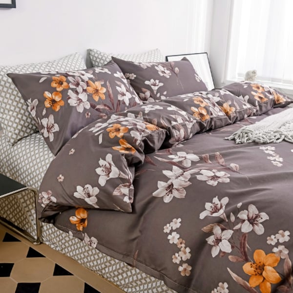 Luna Home King Size 6 Pieces Bedding Set Without Filler, Floral Design Brown Color