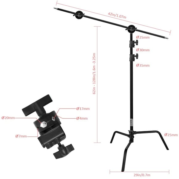 Coopic Photo Studio Heavy Duty 10 Feet 3 Meters Adjustable C Stand 1 Meter Holding Arm With 2 Pieces Grip Head For Video Reflector Monolight And Other Photographic Equipment