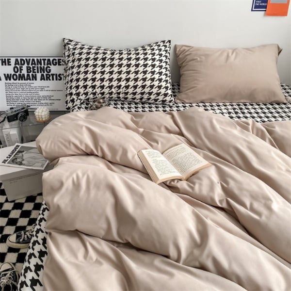 Luna Home King Size 6 Pieces Bedding Set Without Filler, Plain Beige And Geometric Design