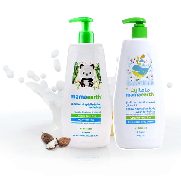 Mamaearth Combo Offer Of Deeply Nourishing Body Wash For Babies 400ml + Moisturizing Daily Lotion For Babies 400 Ml