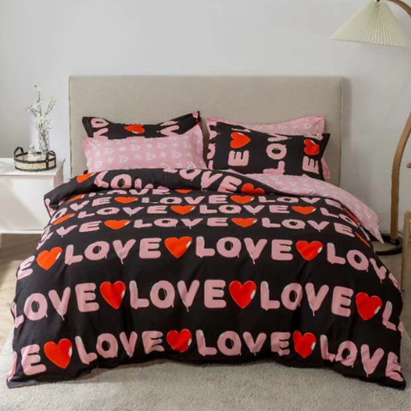 DEALS FOR LESS - Single Size, Duvet Cover, Bedding Set of 4 Pieces, Black with love Design, 1 Duvet cover + 1 Fitted bedsheet + 2 pillow covers