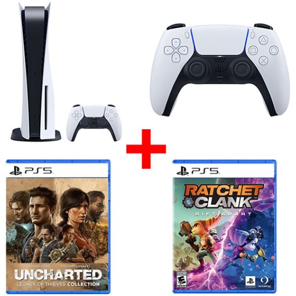 Sony PS5 CFI1116A01 Gaming Console 825GB White + PS5 CFIZCT1W DualSense Wireless Controller + PS5 Uncharted Legacy of Thieves Collection Game + PS5 Ratchet & Clank Rift Apart Game