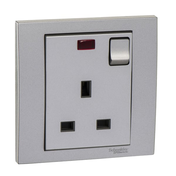 Schneider Vivace 13a Single Switched Socket With Neon, Aluminium Silver Kb15n_as Schneider Vivace 13a Single Switched Socket With Neon, Aluminium Silver Kb15n_as